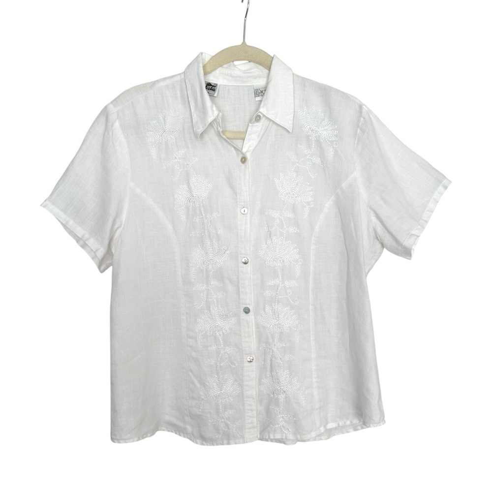 Irish Linen White Embroidered Button Front Shirt Short Sleeve Cottage Coastal L